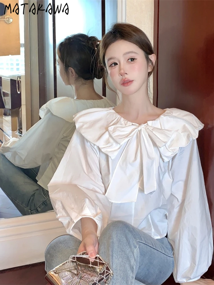 

Matakawa Sweet Bow Women Shirts&blouses Solid Spring Autumn Korean Fashion Blusas Mujer Elegant Vintage Chic Simple Camisas