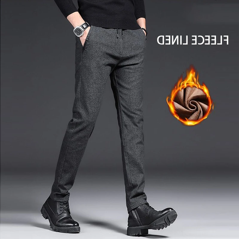 

Men Winter Warm Fleece Lined Suit Pants Male Fleece Lined Thickened Blazer Pants Regular Comfortable Smart Casual Trousers