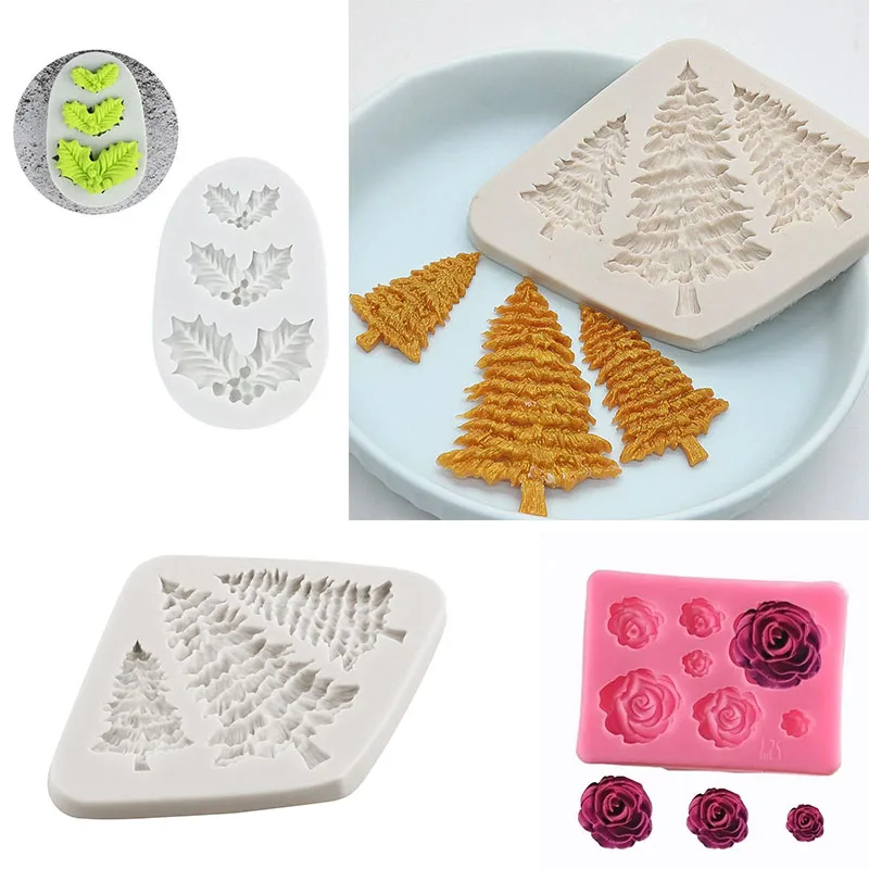 Christmas Tree Silicone Mold Holly Leaf Flower Mold Non-Stick DIY Fondant Baking Tools for Cake Decoration Chocolate Candy