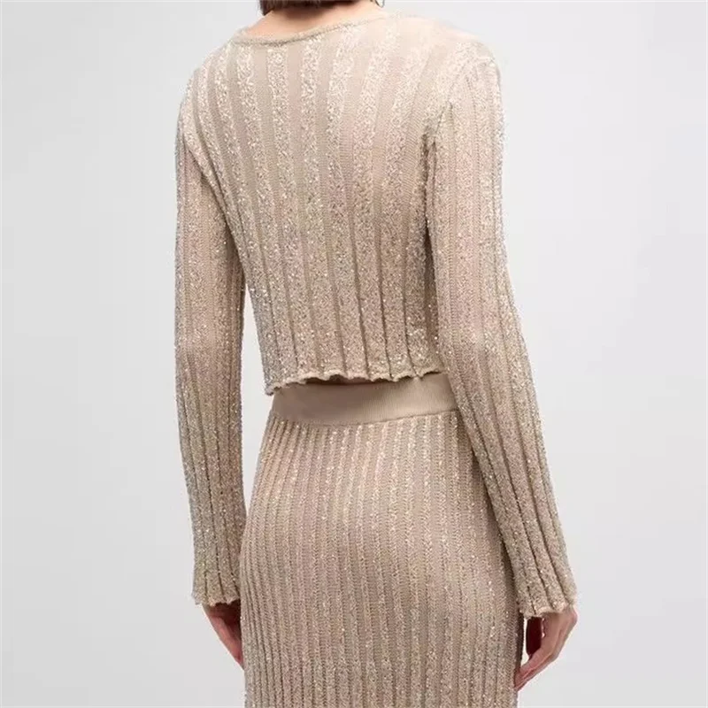 Sweaters for women 2024 Summer New Fashion Sequin Decoration Long sleeved Top Elastic knitted slim round neck pullover knitwear