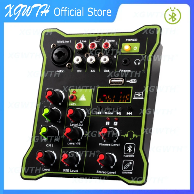 

5 Channel Digital Mixer Mini Sound Audio Mixing Console Reverberation Effect Bluetooth USB DJ Karaoke Studio Portable Equipment