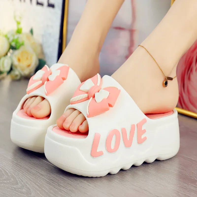 New 2025 high heels 6.5cm slippers woman eva bow slides woman butterfly knot platform flat mules girls beach flip flops woman