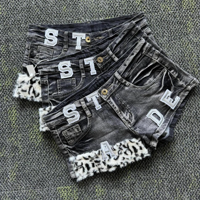 

HOUZHOU винтажные леопардовые джинсовые шорты женские готические пряные шорты для девочек в стиле панк с надписью сексуальные Y2k черные короткие джинсы с низкой талией уличная одежда