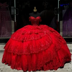 Luxury Red Quinceanera Dresses Off The Shoulder Ball Gown Birthday Dress Lace Up Princess Sweet 15 16 vestidos de quinceañera