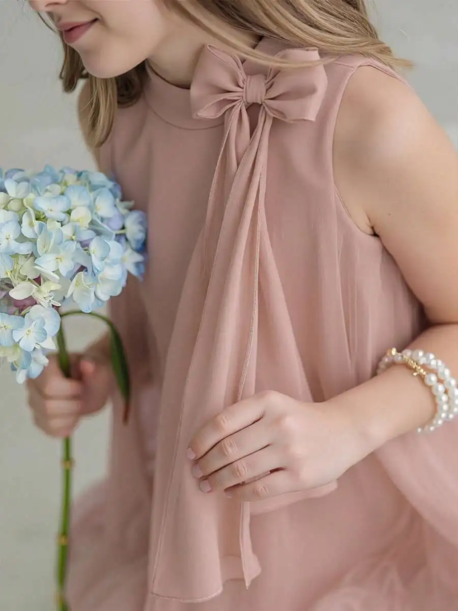 

Pink Bow Sleeveless Evening Dress Chiffon A-Line Formal Gown For Wedding Party Prom