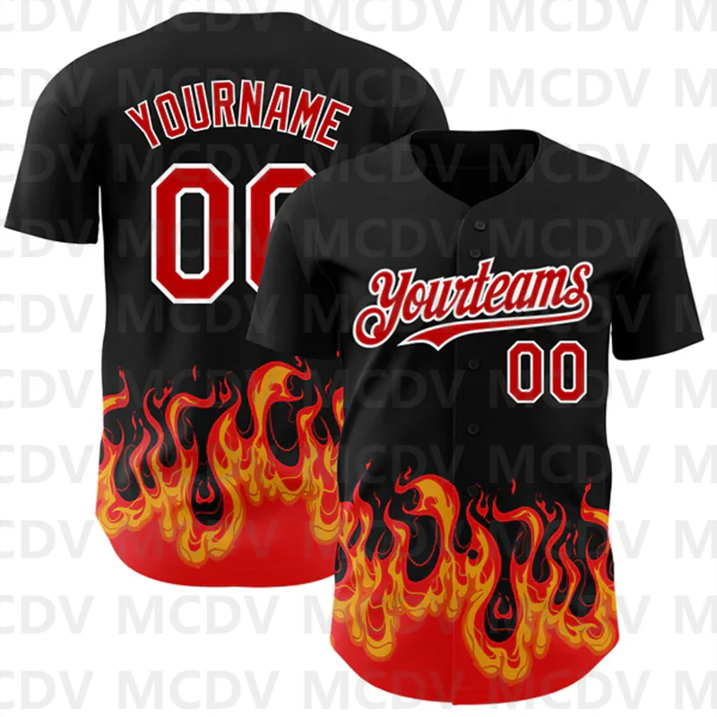 Custom Black Red-Gold 3D Pattern Design Flame Authentic Baseball Jersey