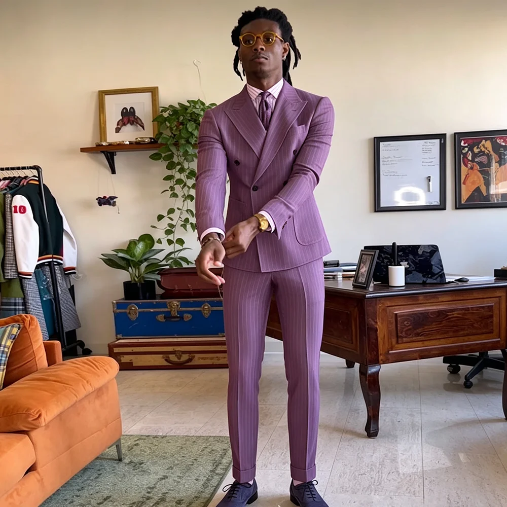 Effortlessly Elegant Men Purple Pinstripe Suit Double Breasted Peak Lapel Jacket Pants Set Slim Fit Wedding Groom Formal Outfit