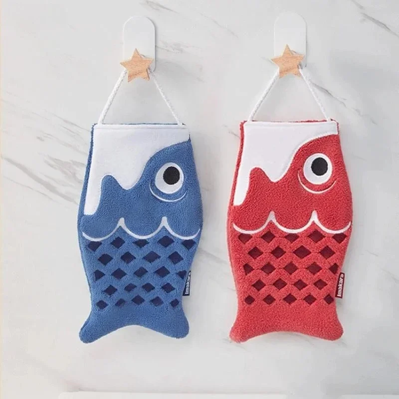Cartoon Koi Form Hanging Hand Towel Household Bathroom Children's Super Absorbent Handkerchief Square Kitchen Hand Towel〔CC55〕