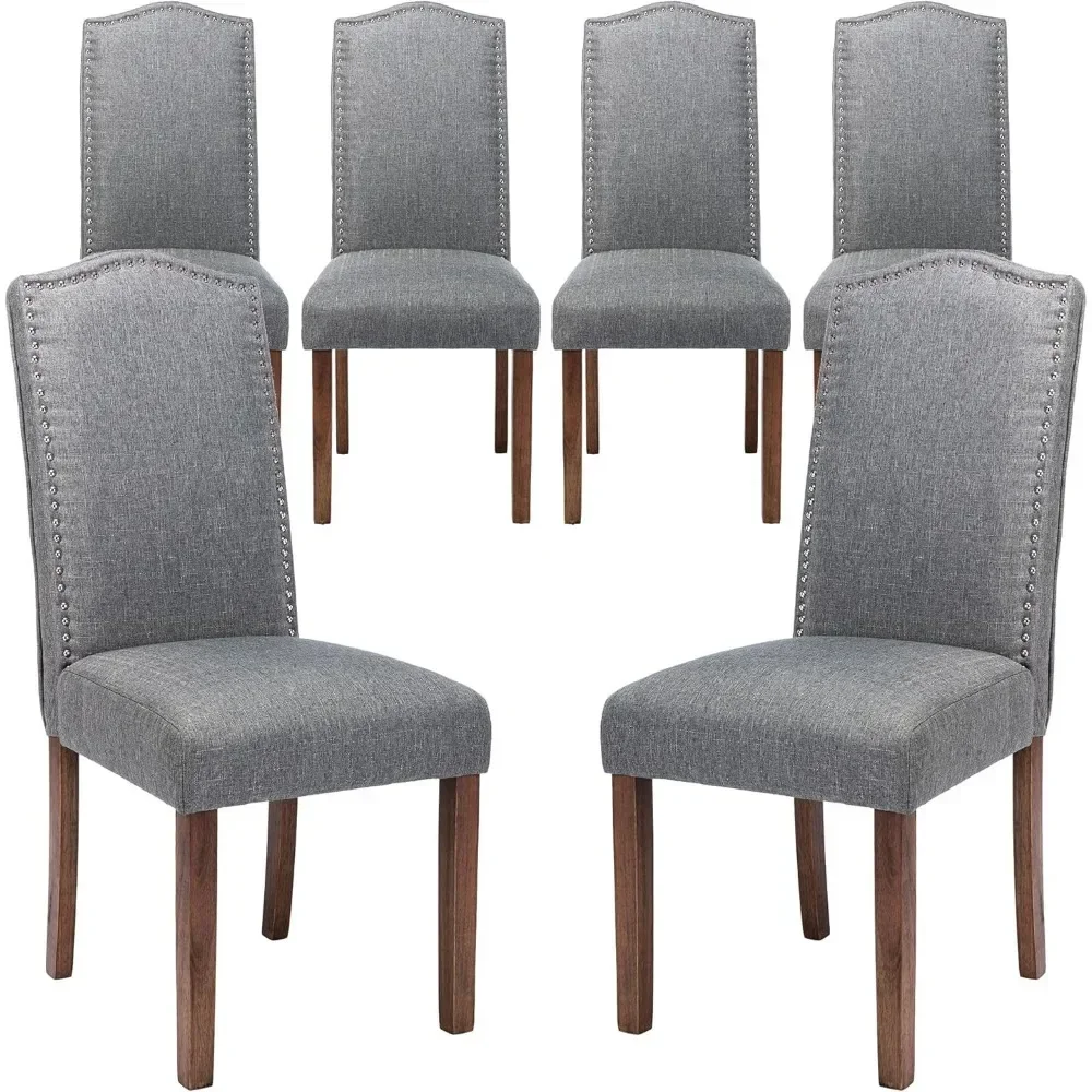 Fashionable fabric Parsons dining chair with nail head trim and sturdy solid wood legs, 6-piece set, smoke gray