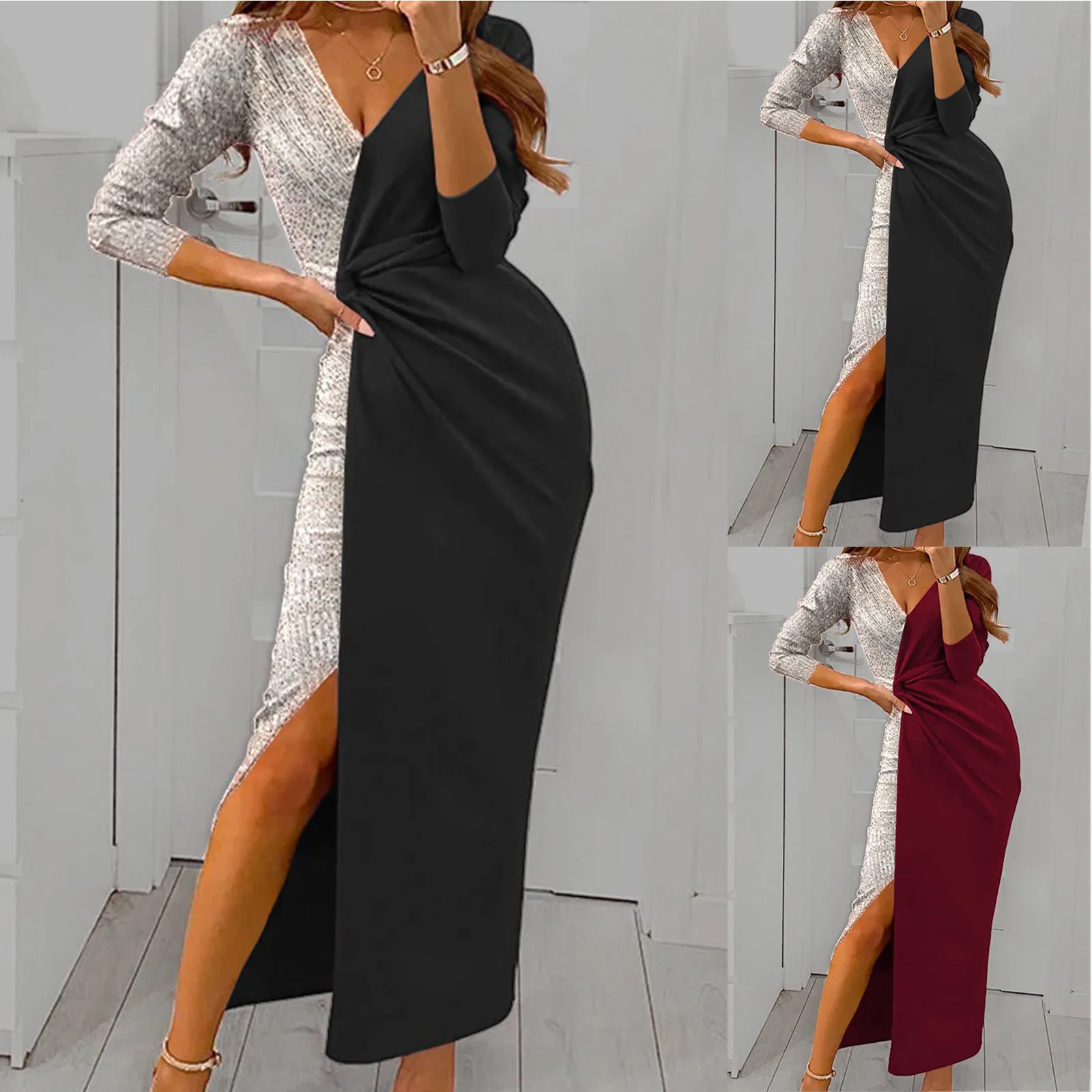 Kleider für Frauen Damen Herbst tiefen V-Ausschnitt lang ärmel igen Seitens chlitz Split Glitter funkelnden Pailletten Patchwork Kleid Abendkleid