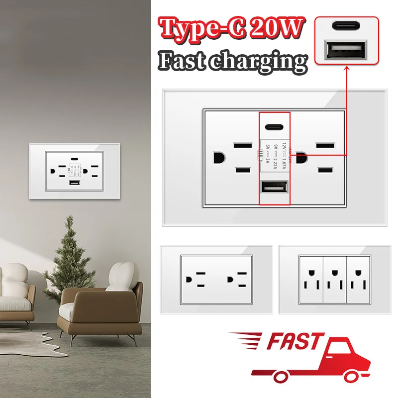 Painel de vidro temperado ELEGAN EUA TH Tomadas padrão USB Parede Adaptador de tomada para eletrodomésticos inteligentes USB Tipo-c 3.1A Carregamento rápido