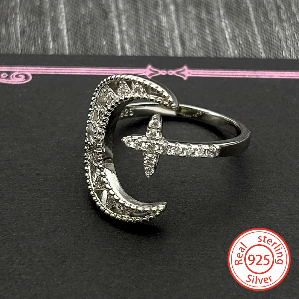

Серебряные кольца 925 пробы с цирконами в форме луны, креста и звезды для женщин и девушек, регулируемое кольцо на палец, украшение для вечеринок, подарок
