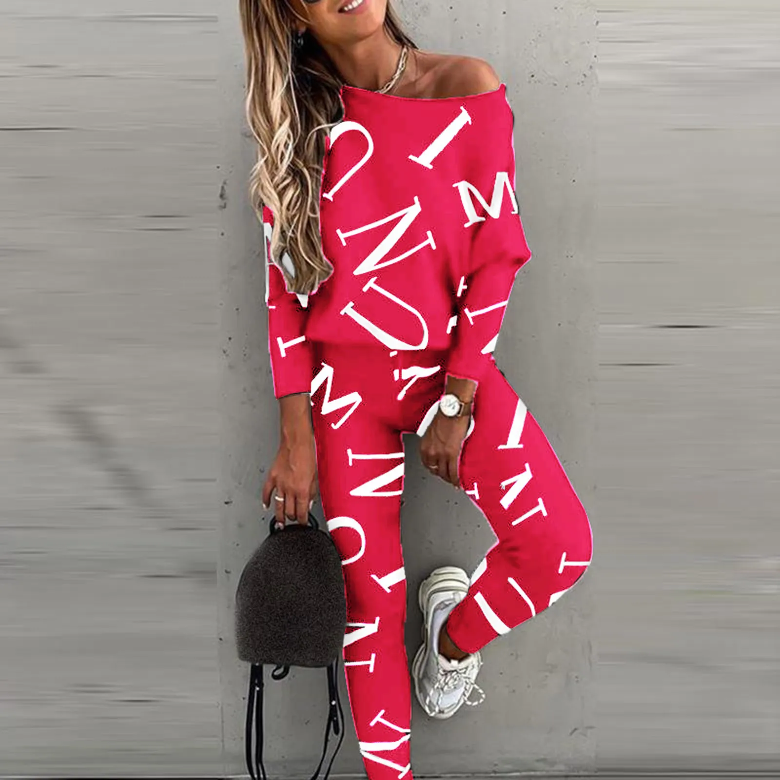 Women\'s Casual Fashion Letters Printed Bat Sleeve Long Pants Leisure Sports Suit Casual Loose Versatile Two Piece Set Outfit