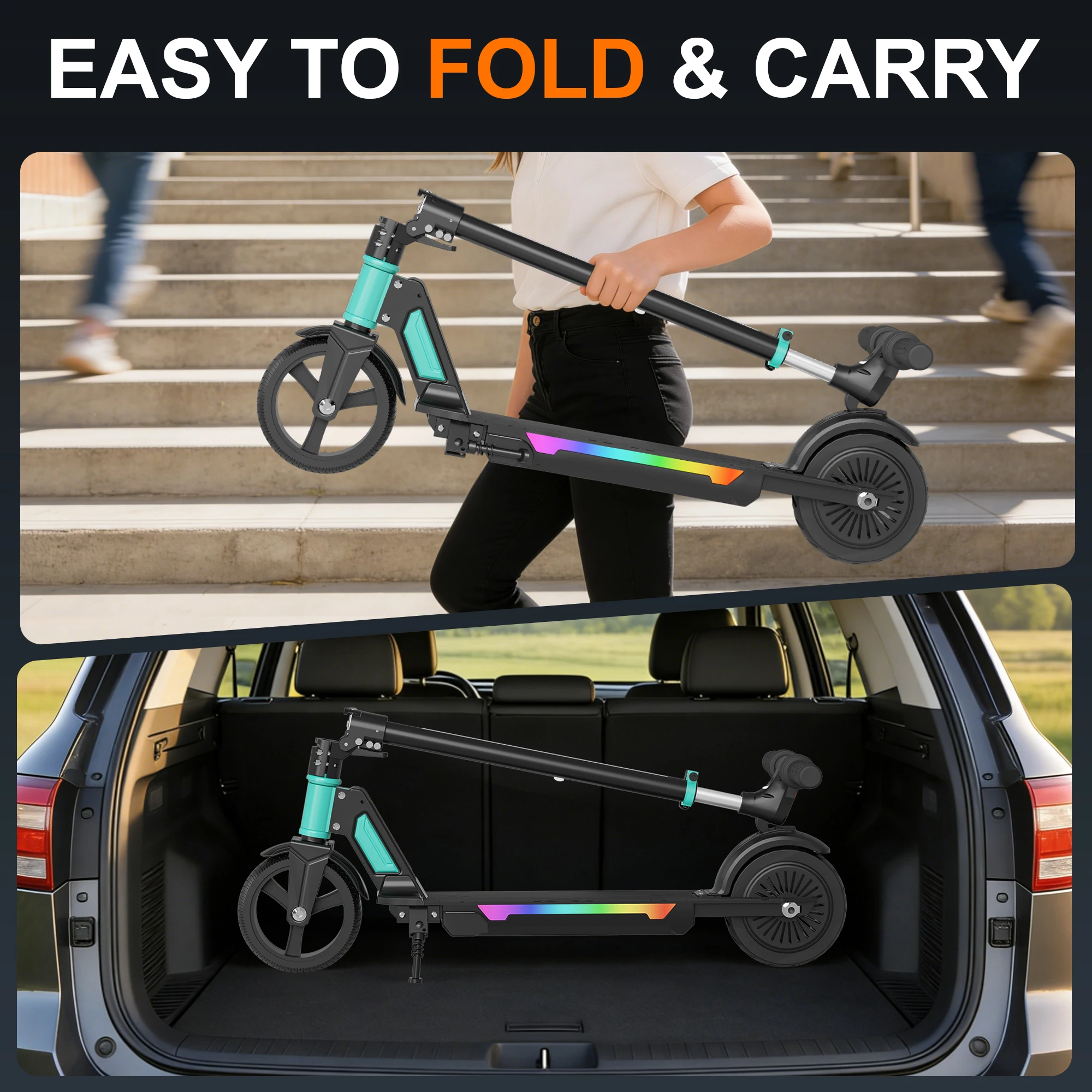Commugo Foldable Electric Scooter for Kids Ages 8+, Teens , 250W Motor up to 12 MPH, 10 Mile Range, UL2272 Certified, Rainbow LED Lights view 7