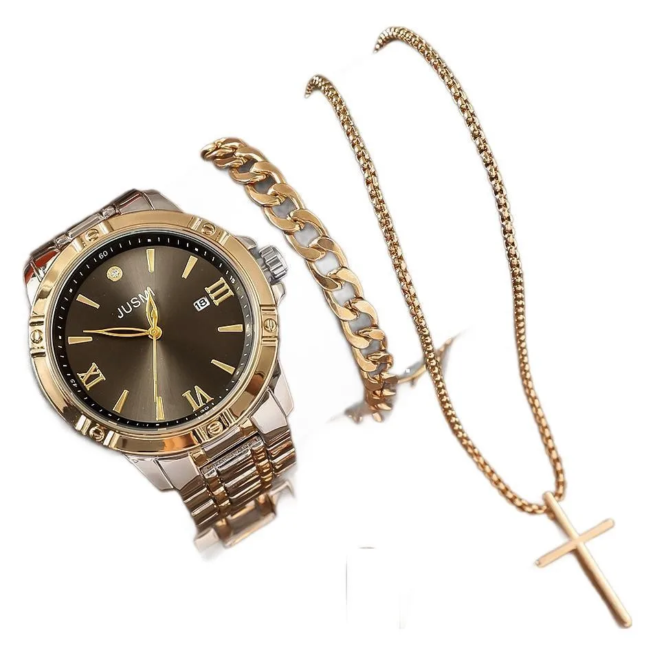 4 قطع/مجموعة ساعة رجالية كبيرة الحجم بسوار فولاذي + سوار + قلادة متقاطعة + مجموعة علب هدايا خاتم