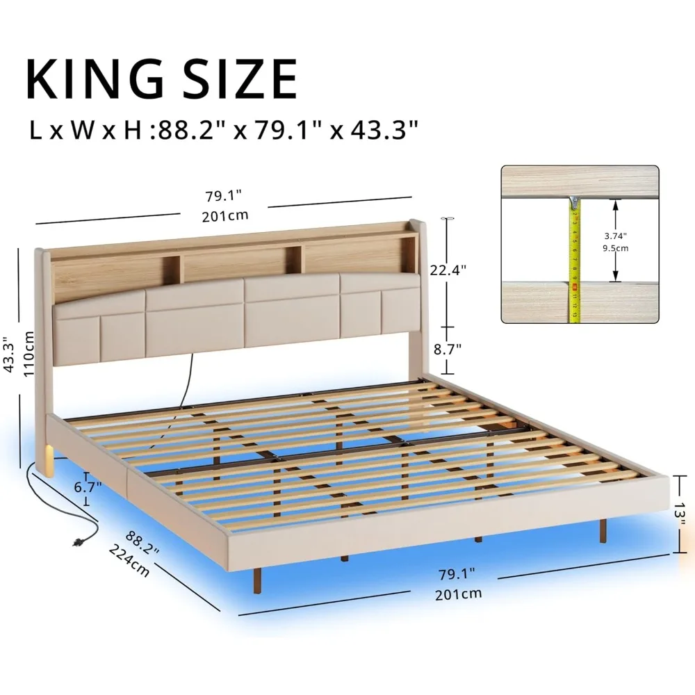 Floating Bed Frame with Charging Station, Tall Bookcase Headboard, Solid Wood Slats Support, No Box Spring Needed, E