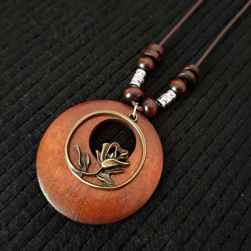 Retro Boho Ethnic Long Pendant Sweater Necklace Wood Beads Women Jewelry Gift