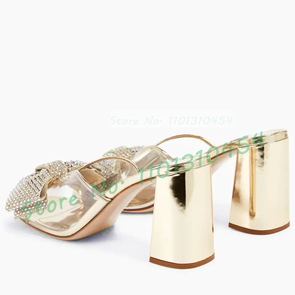 Gold Crystal Bow Pvc Slippers Women Peep Toe Sweet Clear Sparkling Med Heels Shoes Summer New In Female Casual Patent Slippers