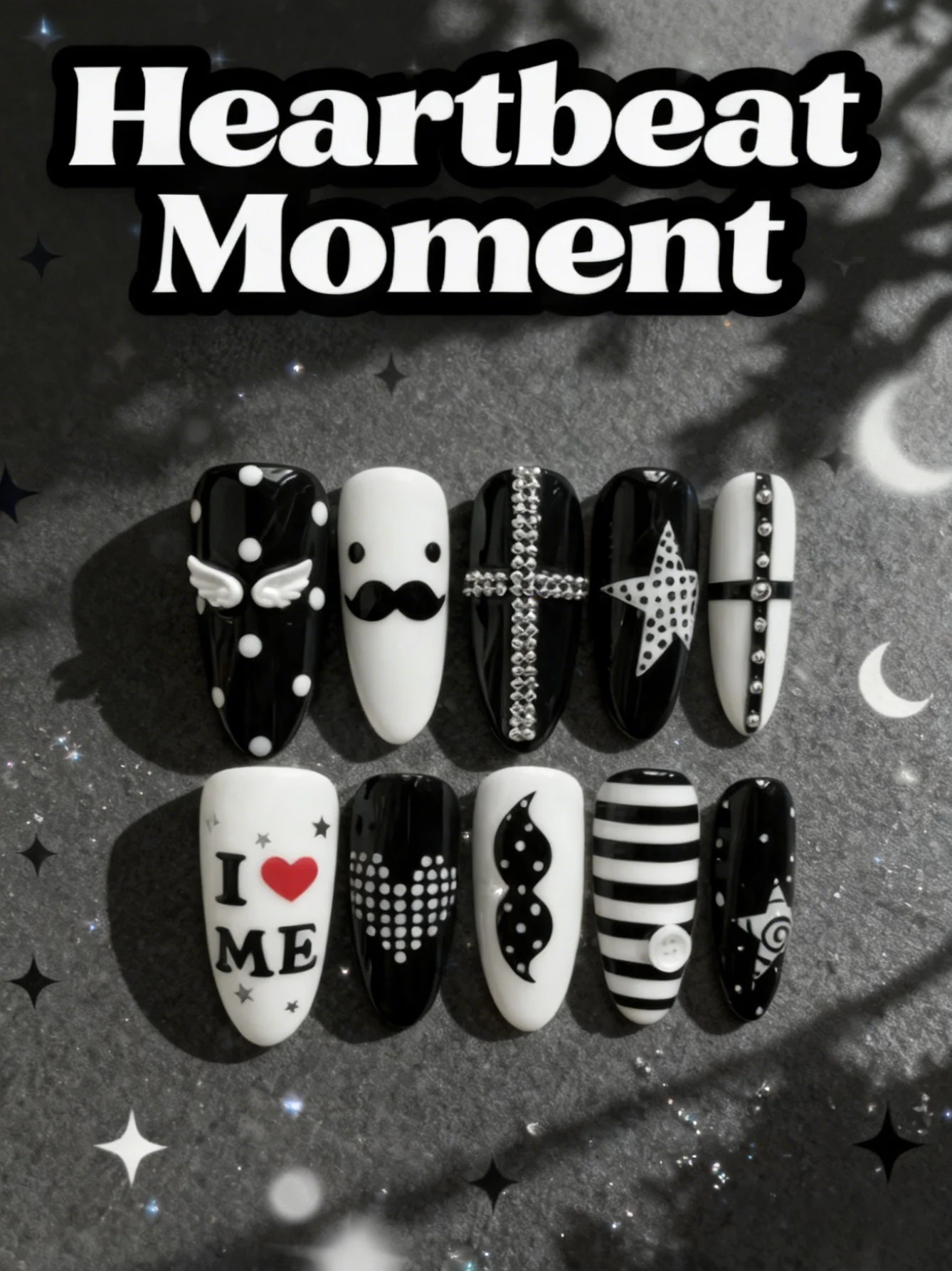 10-Piece Set of Black and White Subculture Cool Y2K Press-On Nails, with Jelly Glue and Strips Included