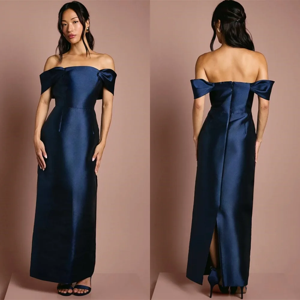 

Customized Formal Blue Satin Evening Dresses Classic Off the Shoulder Homecoming Dresses Temperament Special Occasion Gowns