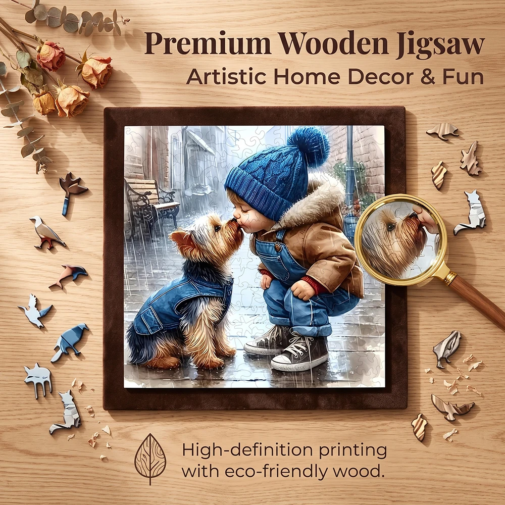 Rainy Street Boy & Yorkshire Dog Wooden Puzzle, Unique Irregular Animal Shaped Pieces, Adults DIY Stress Relief Jigsaw, Creative Wood Puzzle Game, Home Wall Art Decor, Birthday Holiday Gift for Puzzle Lovers