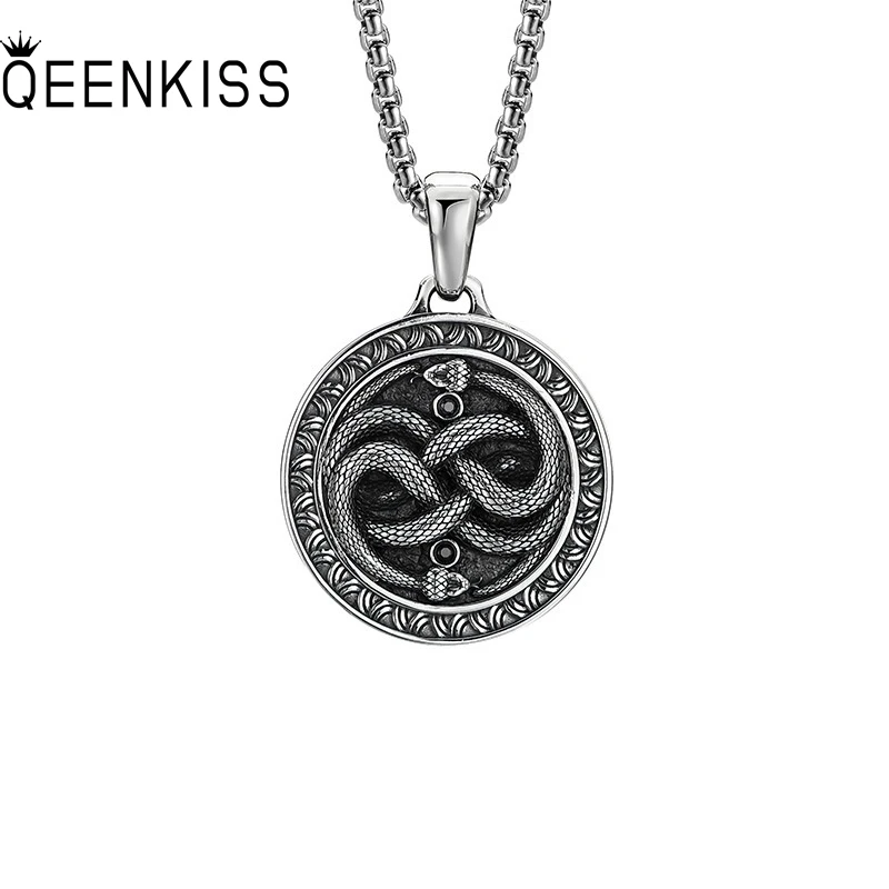 

QEENKISS 925 Sterling Silver Vintage Snake Necklace Pendant For Men Party Birthday Wedding Christmas Groom Father Boy Gift PT648