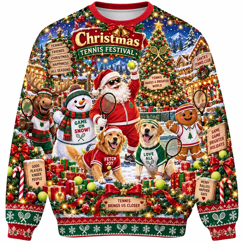Christmas Tennis Sweatshirt Santa Jesus Dog Reindeer Gingerbread Snowman Crewneck Xmas Pullover Holiday Sports Party Gift Top