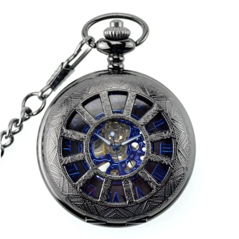 

12 Hole Wheel Blue Roman Number Dial Mechanical with Retro Flip Cover Hollowed Out Men's Hand Wind Pocket Watch