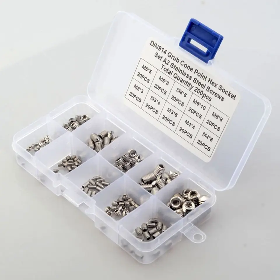 250-Piece M3 M4 M5 M6 M8 Hex Allen Socket Set – Cone Point Grub Screws, 304 Stainless Steel, Metric, With Storage Box