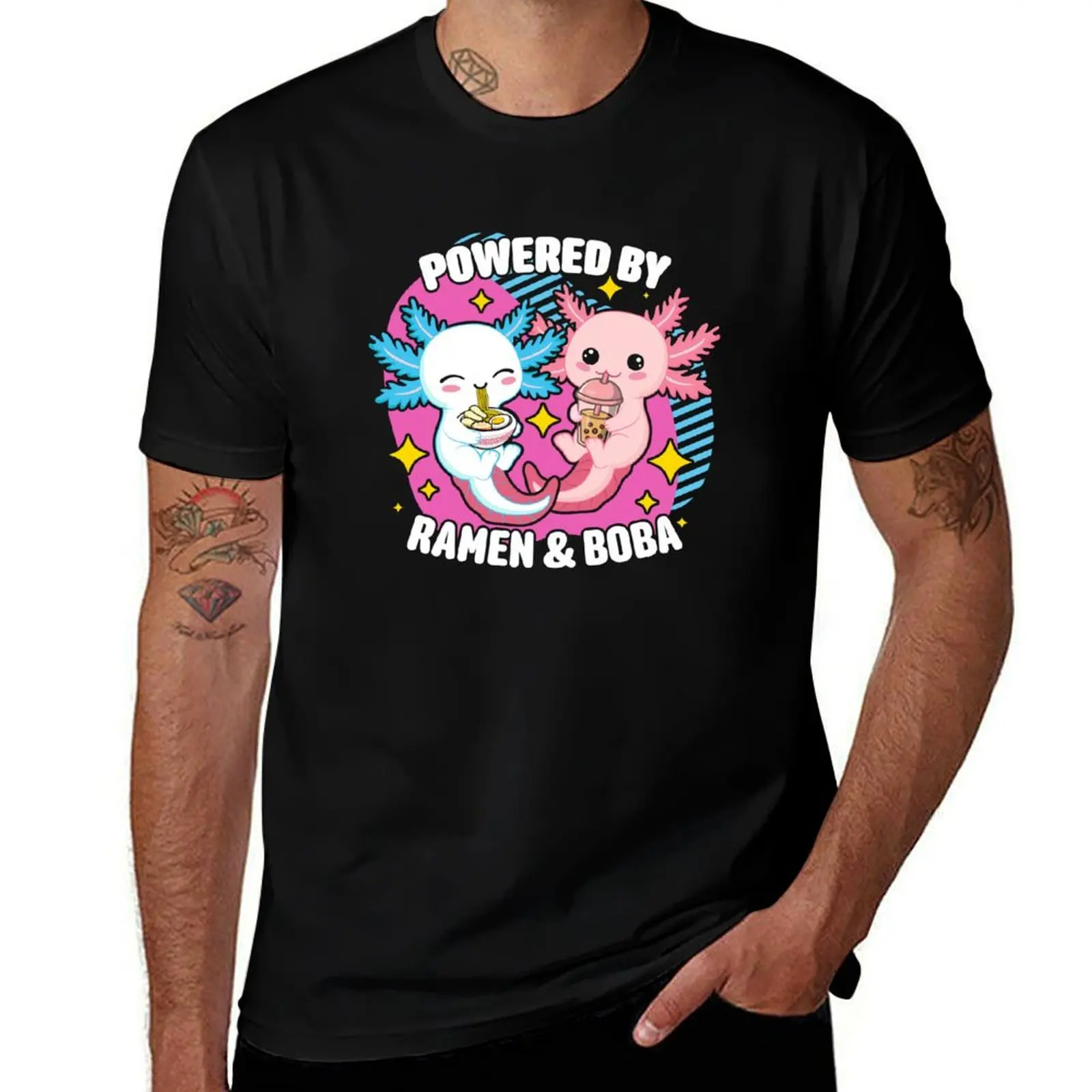 Powered By Ramen And Boba Kawaii Axolotl Bubble Tea Lover T-Shirt Basic Comfort Fit for Men T-Shirt