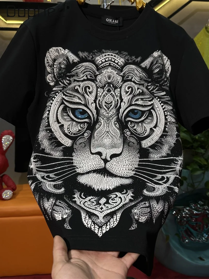 

European Heavy Industry Tiger Hot Diamond Short-sleeved Men 2025 Summer New Fashion Round Neck Loose Casual Half-sleeved T-shirt