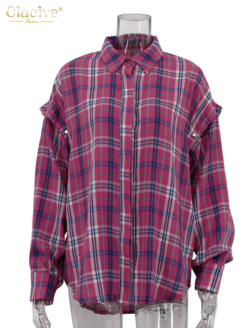 Clacive Vintage Loose Pink Plaid Women's Blouse Fashion Removable Lapel Long Sleeve Shirts Elegant Classic Top Female Clothing