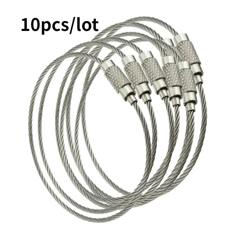 10pcs EDC Keychain Tag Rope Stainless Steel Wire Cable Loop Screw Lock Gadget Ring Key Circle Camp Hanging Tool