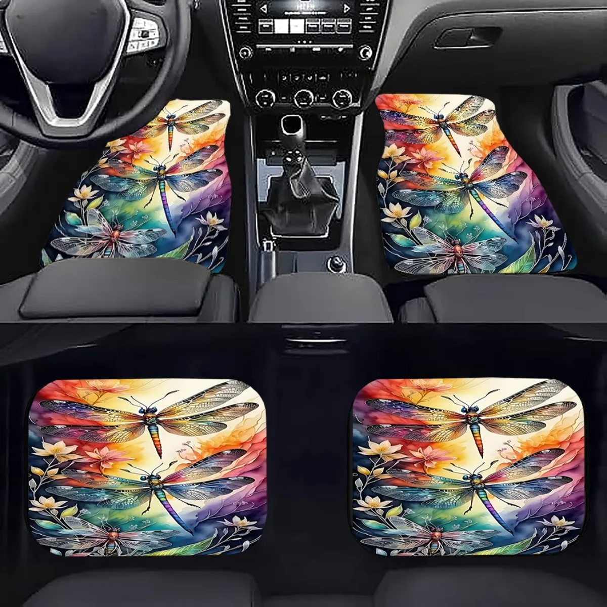 Vibrant Multicolor Dragonfly Print Car Floor Mats - Fit All-Weather Durable, Non-Slip Driver/Passenger/Rear/Trunk Liners, Mud &