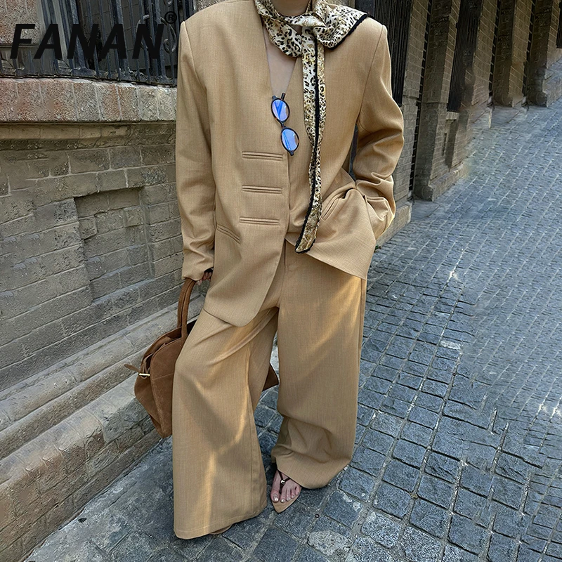 

FANAN темпераментный комплект из 2 предметов, женские однобортные пиджаки с v-образным вырезом + прямые брюки с высокой талией, элегантные костюмы, новинка осени 2023 г.