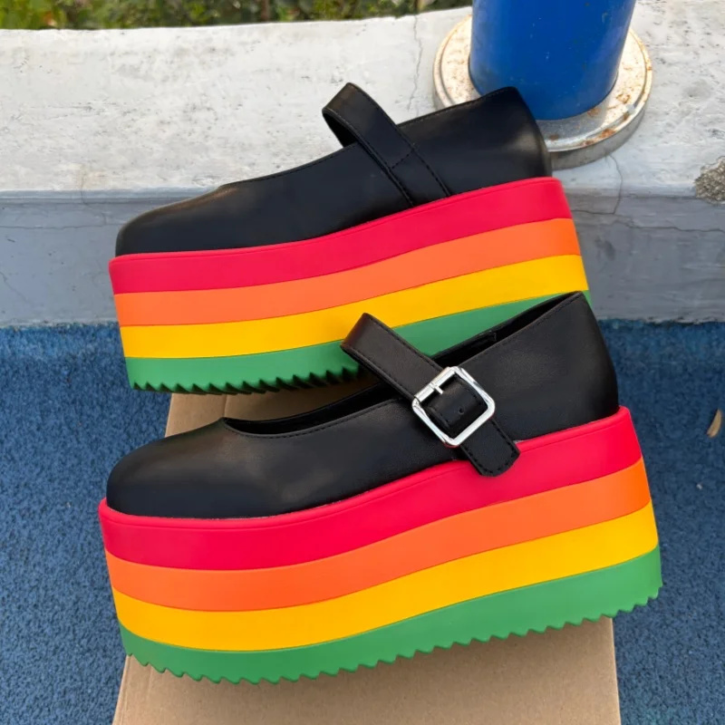 

Rainbow Super High Heel Women Single Shoes Large Size Belt Buckle All Match Casual Shoes Female Mary Janes Shoes Runway Consice