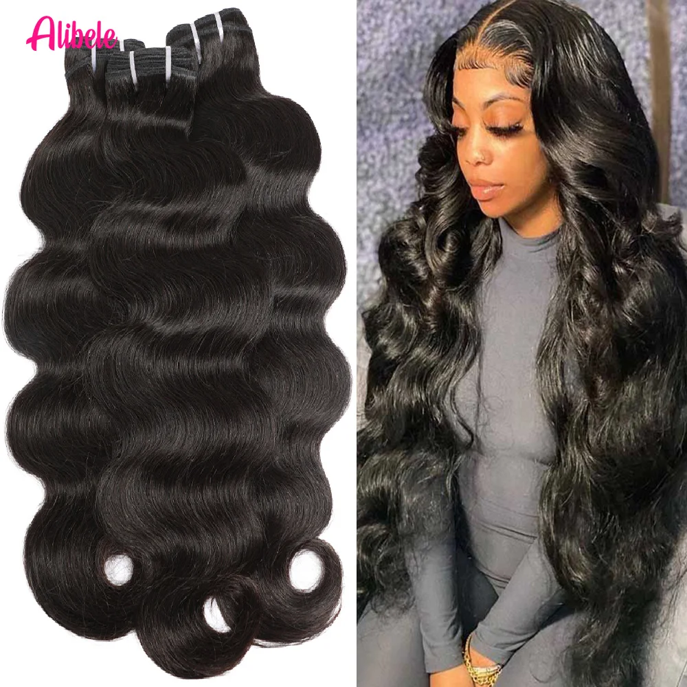 

Пучки человеческих волос Alibele, 12-32 дюйма, наращивание натуральных волос с двойным утком, объемная волна, 15 А, натуральный черный цвет, 1/3/4 шт.