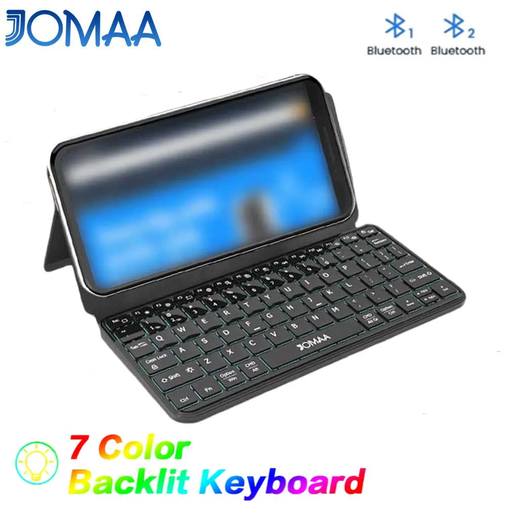 JOMAA Backlit Smartphone Keyboard, Mini Bluetooth Keyboard with Any-Angle Kickstand & Leather Cover, Foldable Keyboard for Phone
