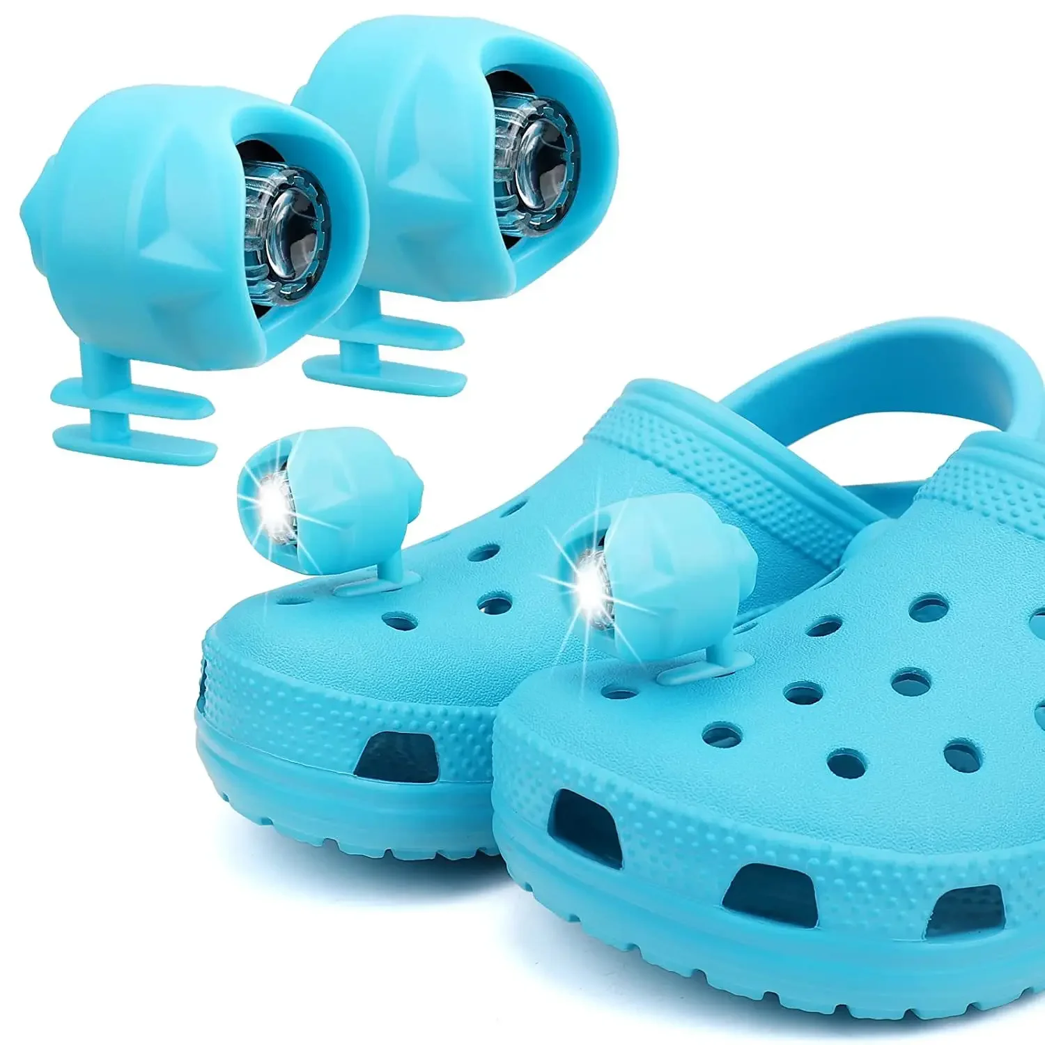 2pc faróis para croc pequenas luzes modos sapatos encantos tamanco sandálias sapatos decoração correndo acampamento engraçado sapato acessórios