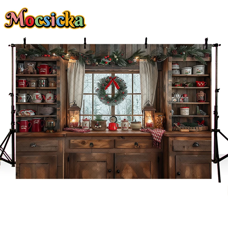 Mocsicka Christmas Kitchen Backdrops Kids Family Photography Child Adult Photocall Decors Baby Child Photo Xmas Room Backgrounds