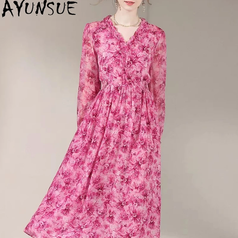 

AYUNSUE 100% Натуральное шелковое платье из тутового шелкопряда для женщин, элегантное летнее платье 2026 года, модное платье с цветочным принтом, женское платье