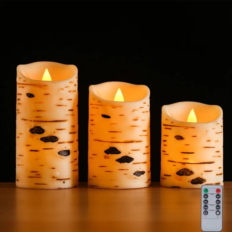 

Flameless Birch Bark Pillar Candles, Remote Electric Candle for Wedding Party Event, Timer Warm White Flicking LED Window Light