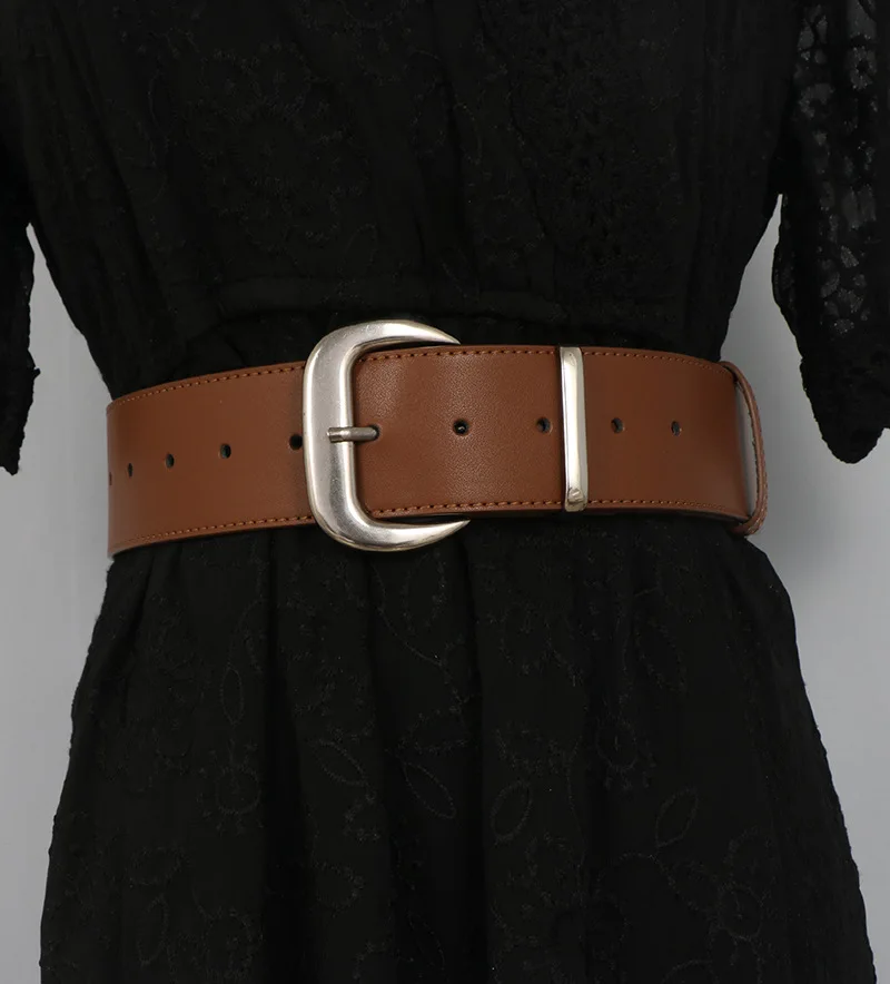 New Silver Buckle Leather Cowhide Simple Red Light Luxury Belt for Women, Vintage Paired with Dress Jacket Waist Belt ins