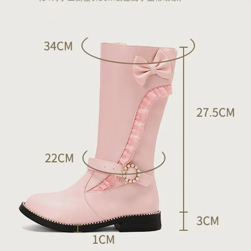 SIMLOVEYO 2024 Design Girls Mid Calf Boots Round Toe Thick Heel 3cm Bowknot Pearl Buckle 31 32 33 42 43 Sweet Booties