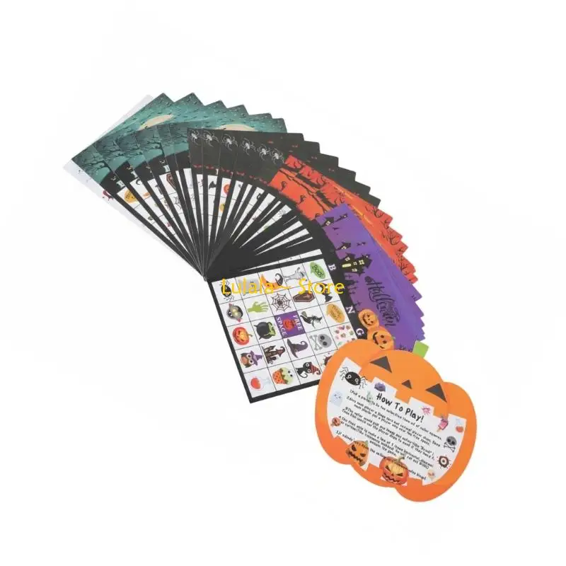 Y4QA 24 Player Halloween Bingo Game Set Durable Paper Cards And Number Markers