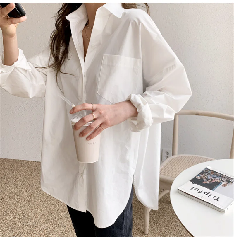 White Harajuku Summer Shirt for Women Spring Autumn Long Sleeve Lapel Button-up Blouses Casual Streetwear camisas de mujer