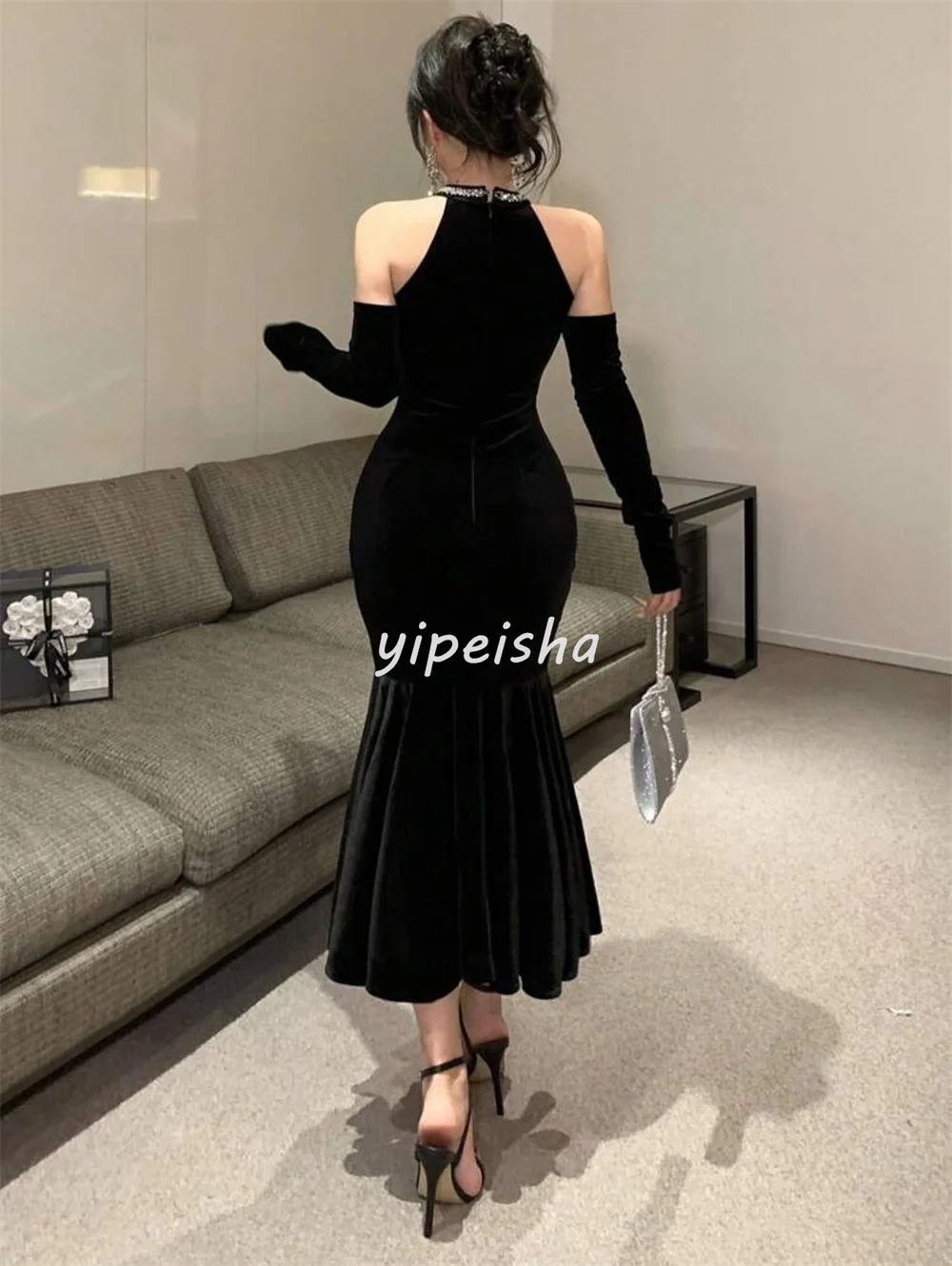 Abiti da cerimonia lunghi su misura con collo alto a sirena classica in velluto con strass di alta qualità personalizzati Abiti da cerimonia su misura Moda sexy