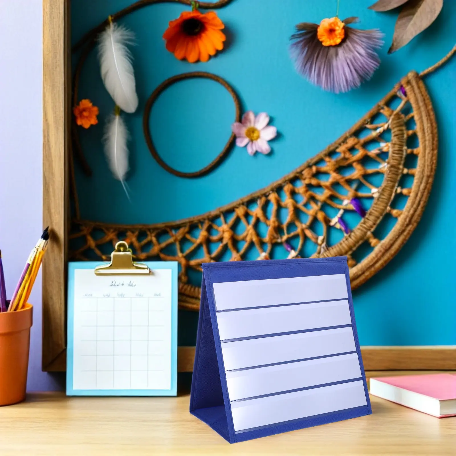 Desktop Pocket Chart Stand Double Sided Triangular Tabletop Chart Organizer Teacher Cards Holder Classroom Schedule Small Group