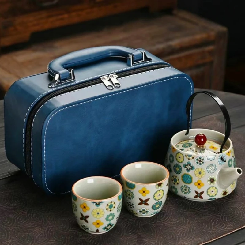 Creative Travel Kung Fu Portable Ceramic TeaSet Chinese Style Household Outdoor One Pot Two Cups Handle Teapot Business Gift Box
