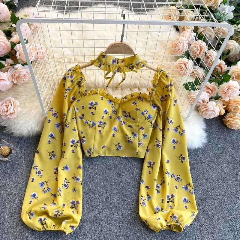 2024 Retro Puff Long Sleeve lace up Bareback Blouse Slim Sexy ruffle Shirt Women Gothic Streetwear Pleated Fashion Crop Top